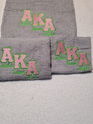 AKA three-piece bathroom Set, Alpha Kappa Alpha embroidery design, pink and green, sorority, sisterhood - image1